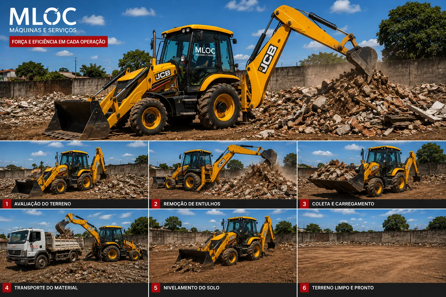 Retroescavadeira JCB MLOC executando serviço de limpeza de terreno e demolição em Santarém, serviço com valor combinado em Santarém-PA