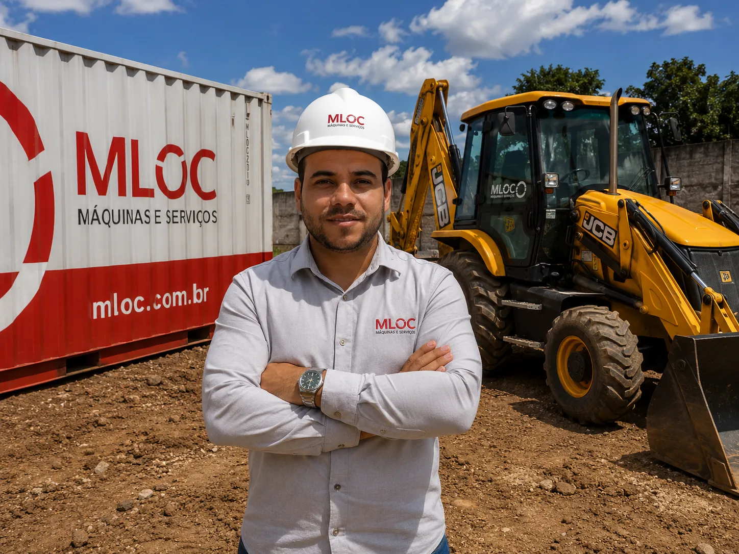 Equipe MLOC com retroescavadeira JCB e container — locação de máquinas pesadas em Santarém, Pará